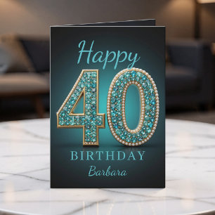 Teal Pearl Diamond Glam 40th Birthday Greeting Card