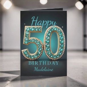 Teal Pearl Diamond Glam 50th Birthday Greeting Card