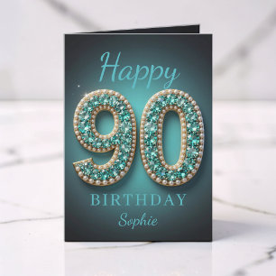Teal Pearl Diamond Glam 90th Birthday Greeting Card