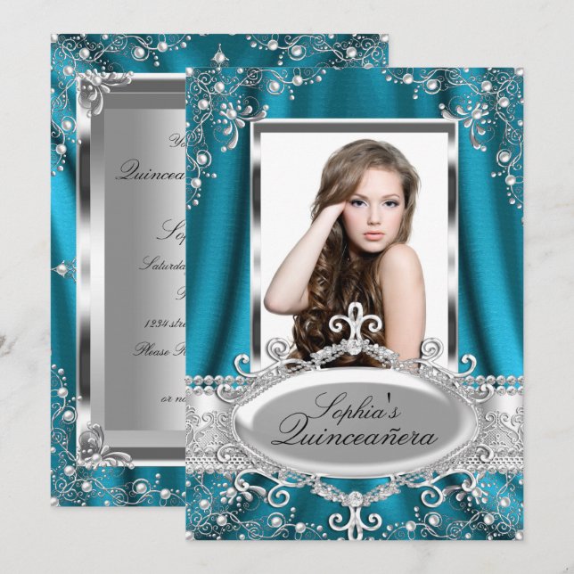 Teal Pearl Silk Vintage Glamour Quinceanera Invitation (Front/Back)
