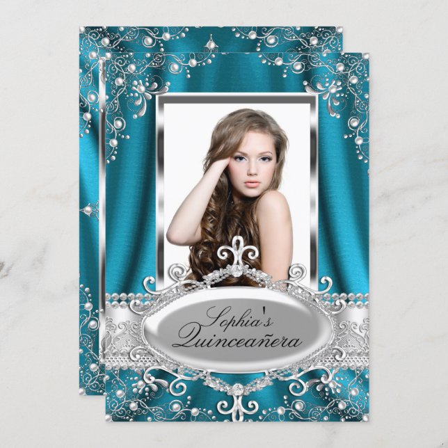Teal Pearl Silk Vintage Glamour Quinceanera Invitation (Front/Back)
