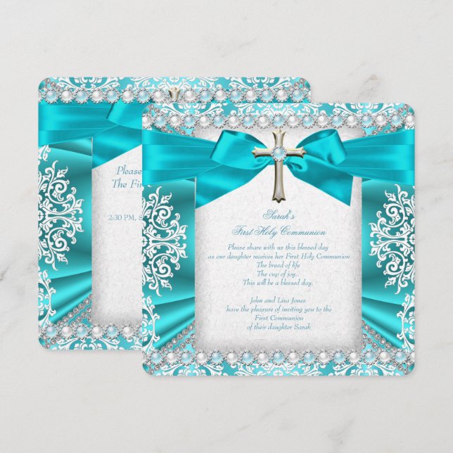 Teal Pearl White First Holy Communion Girls 2 Invitation (Front/Back)