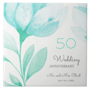 Teal Peonies Wedding Anniversary 50 Years Ceramic Tile