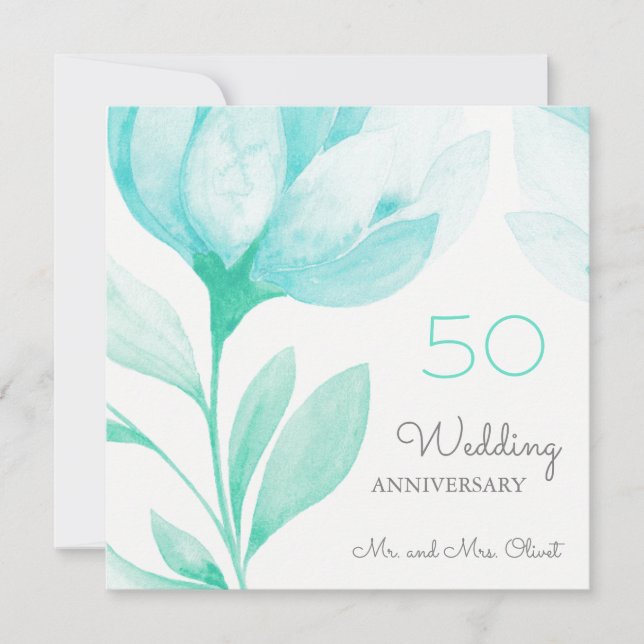 Teal Peonies Wedding Anniversary 50 Years Invitation (Front)