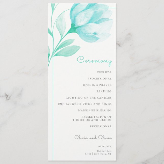 Teal Peonies Wedding Program (Front)