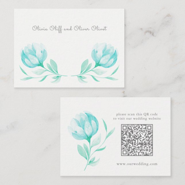 Teal Peonies Wedding Website QR Code Enclosure Card (Front/Back)