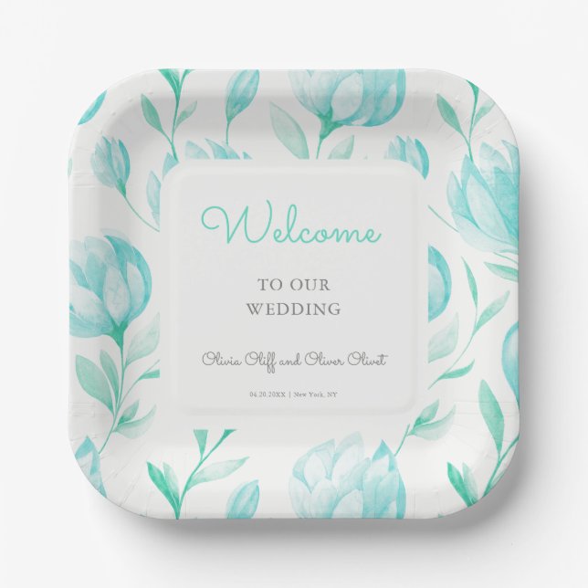 Teal Peonies Wedding Welcome Paper Plates (Front)