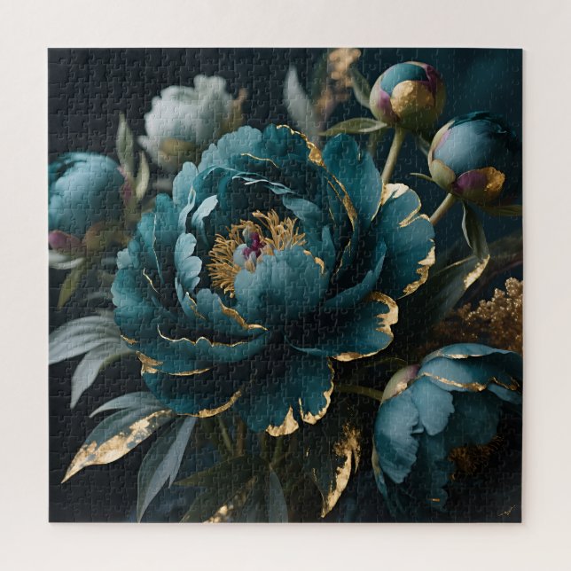 Teal Peony Gold Luxe Botanical Bloom Jigsaw Puzzle (Vertical)