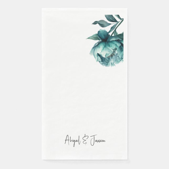 Teal Peony Personalized Names Wedding  Paper Guest Towels (Front)