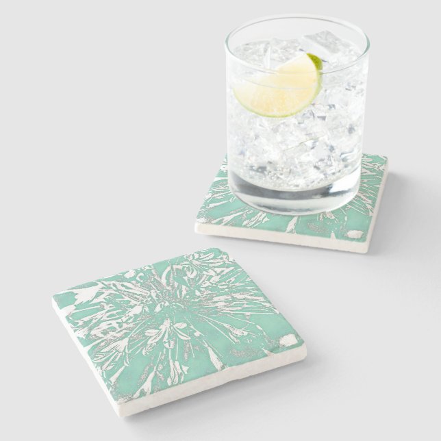 Teal Peony Stone Coaster  (Side)