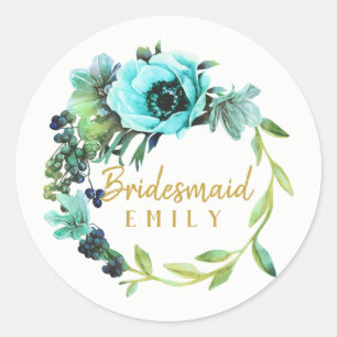 Teal Peony Wreath Bridesmaid Name ID456 Classic Round Sticker