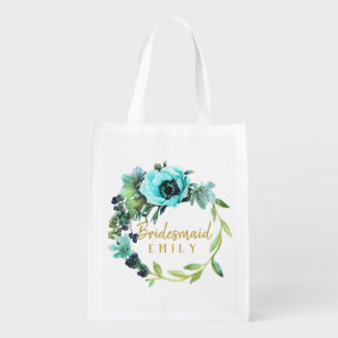 Teal Peony Wreath Bridesmaid Name ID456 Reusable Grocery Bag