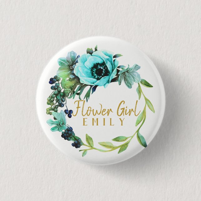 Teal Peony Wreath Flower Girl Name ID456 Pinback Button (Front)