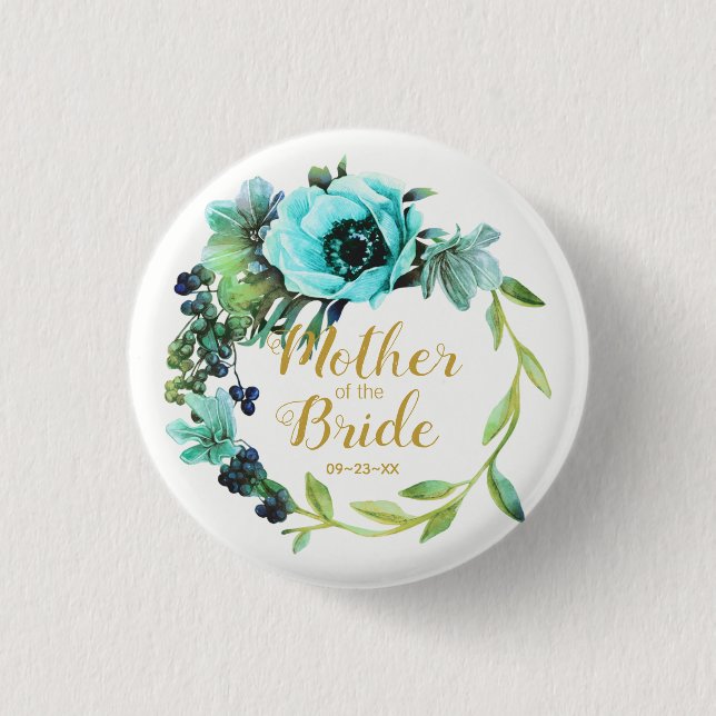 Teal Peony Wreath Mother of the Bride ID456 Pinback Button (Front)