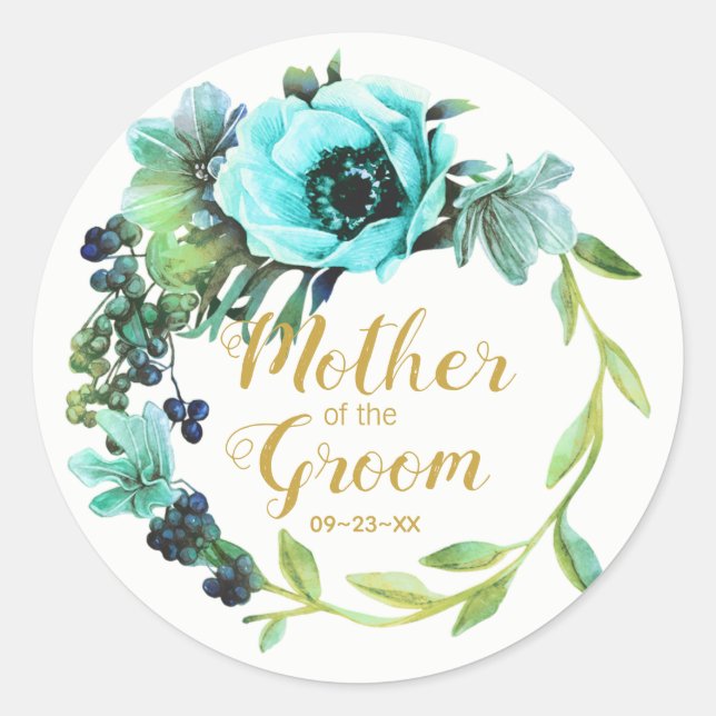 Teal Peony Wreath Mother of the Groom ID456 Classic Round Sticker (Front)