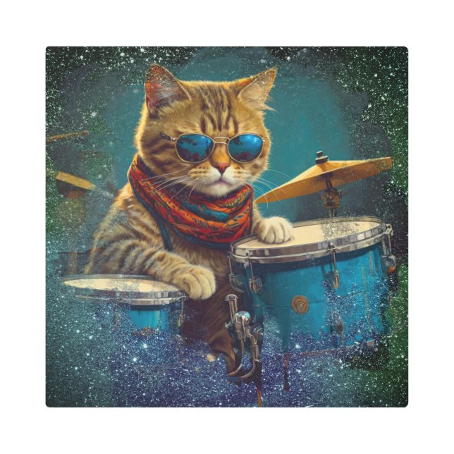 *~* TEAL Percussionist Cool Cat AP91 DRUMMER Metal Print (Front)