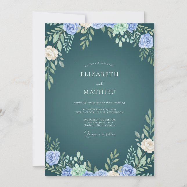 Teal Periwinkle Leafy Wedding Invitation (Front)