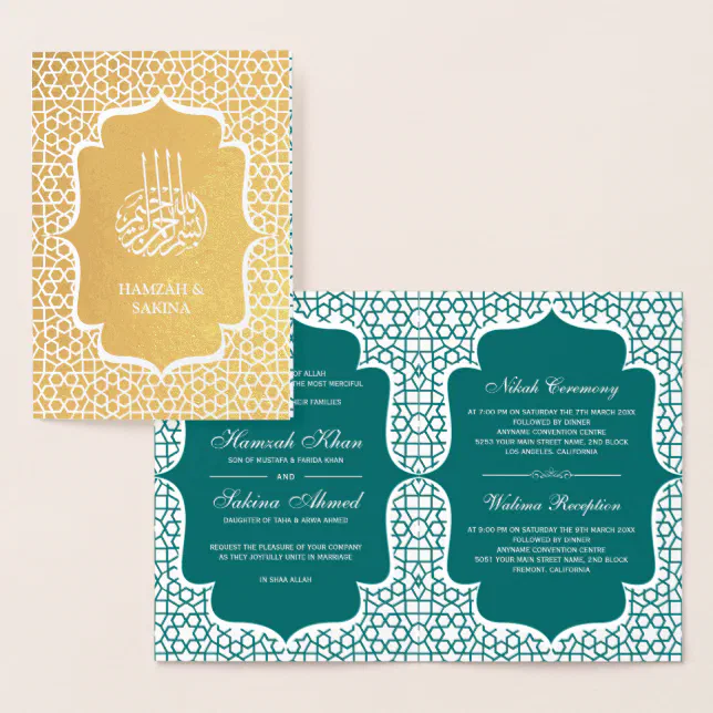 Teal Persian Gold Foil Muslim Wedding Invitation | Zazzle