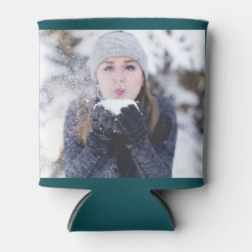 Teal Personalized 2 Photo Template Double Sided Can Cooler