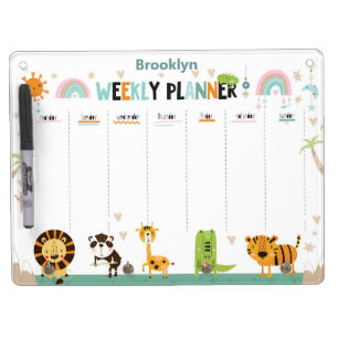 Teal Personalized Cute Wild Animal Weekly Planner Dry Erase Board With Keychain Holder