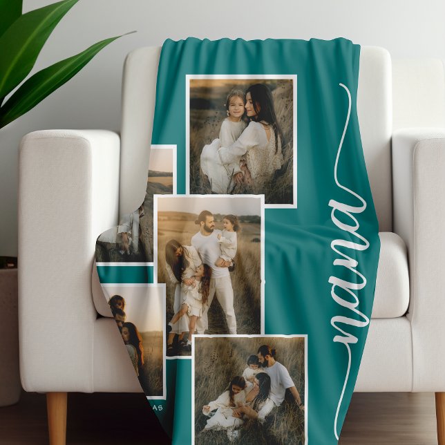 Teal Personalized Nana Grandkid 5 Photo Collage  Fleece Blanket (Creator Uploaded)