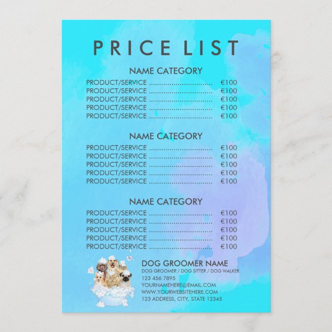 Teal Pet Groomer Sitting Dog Cat Spa Price List Menu