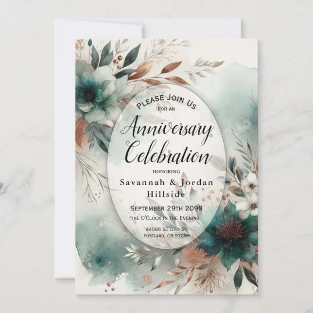Teal Petals in Bronze Bloom Anniversary Party Invitation (Front)