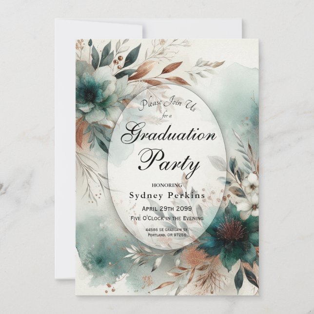 Teal Petals in Bronze Bloom Graduation Party Invitation (Front)