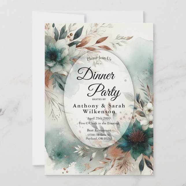 Teal Petals in Bronze Bloom Restaurant Dinner Invitation (Front)