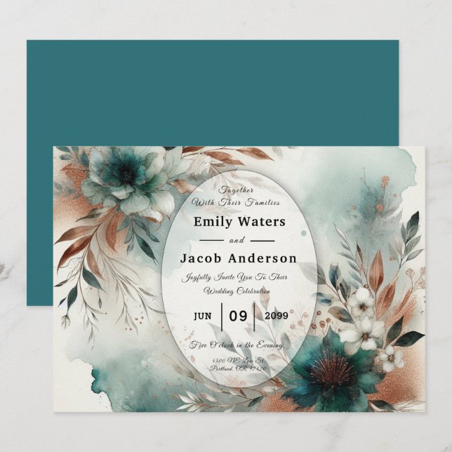 Teal Petals in Bronze Bloom Wedding Invitation (Front/Back)