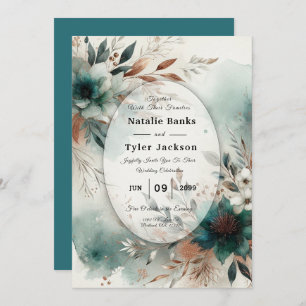 Teal Petals in Bronze Bloom Wedding Invitation
