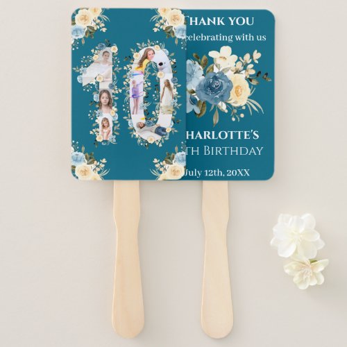 Teal Photo 10th Birthday Collage Yellow Flower Hand Fan