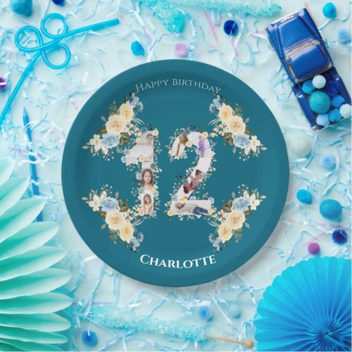Teal Photo 12th Birthday Collage Yellow Flower Paper Plates