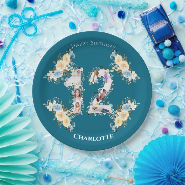 Teal Photo 12th Birthday Collage Yellow Flower Paper Plates (Party)