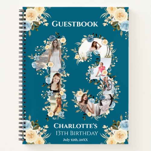 Teal Photo 13th Birthday Yellow Flower Guest Book