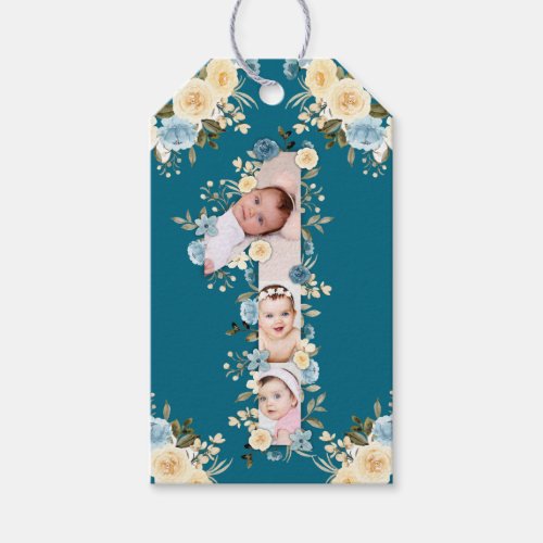 Teal Photo 1st Birthday Collage Blue Yellow Flower Gift Tags