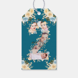 Teal Photo 2nd Birthday Collage Blue Yellow Flower Gift Tags