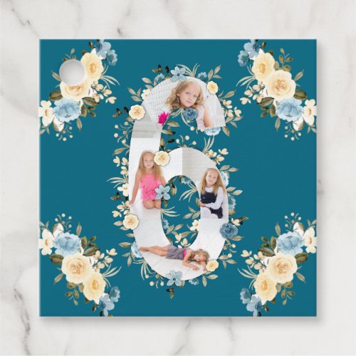 Teal Photo 6th Birthday Collage Blue Yellow Flower Favor Tags