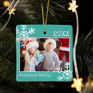 Teal Photo Border White Snowflakes Holiday Ceramic Ornament