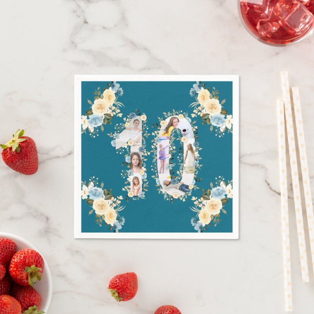 Teal Photo Collage 10th Birthday Yellow Flower Napkins (Insitu)