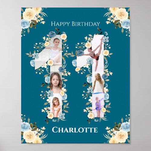 Teal Photo Collage 11th Birthday Yellow Flower Poster