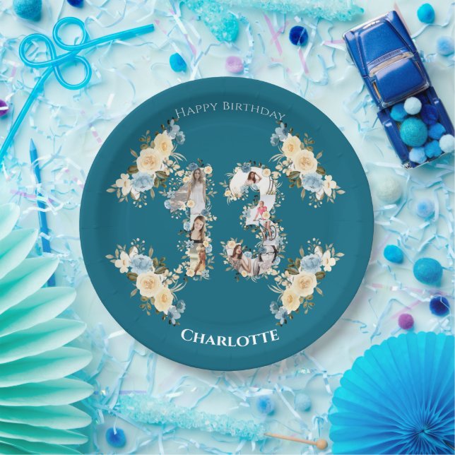 Teal Photo Collage 13th Birthday Yellow Flower Paper Plates (Party)