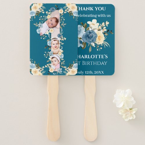Teal Photo Collage 1st Birthday Blue Yellow Flower Hand Fan