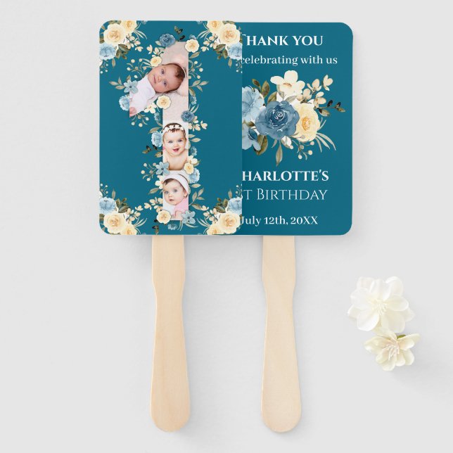 Teal Photo Collage 1st Birthday Blue Yellow Flower Hand Fan (Front and Back)