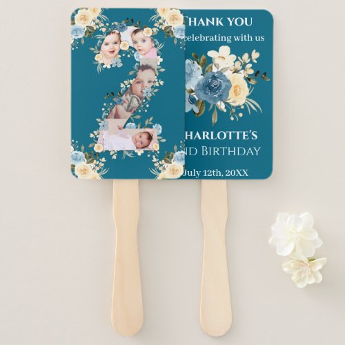 Teal Photo Collage 2nd Birthday Blue Yellow Flower Hand Fan