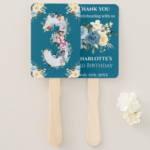 Teal Photo Collage 3rd Birthday Blue Yellow Flower Hand Fan