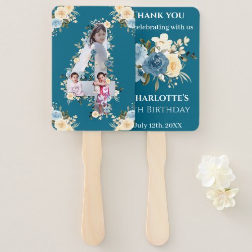 Teal Photo Collage 4th Birthday Blue Yellow Flower Hand Fan