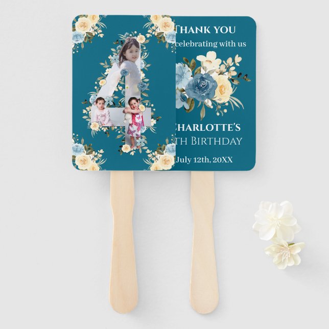 Teal Photo Collage 4th Birthday Blue Yellow Flower Hand Fan (Front and Back)