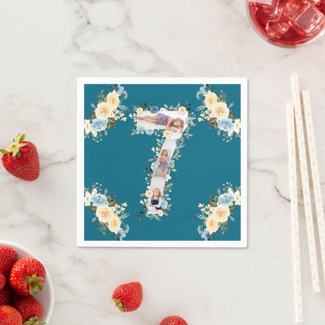 Teal Photo Collage 7th Birthday Blue Yellow Flower Napkins (Insitu)