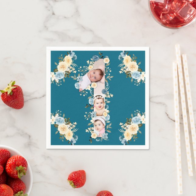 Teal Photo Collage Blue Yellow Flower 1st Birthday Napkins (Insitu)